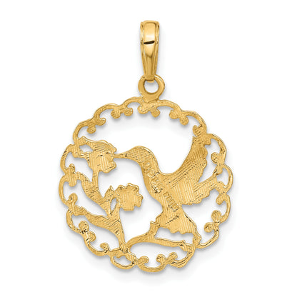 14k Hummingbird with Flower Round Scalloped Frame Pendant