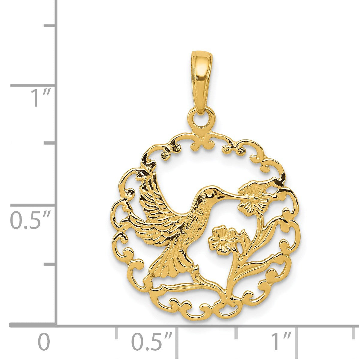 14k Hummingbird with Flower Round Scalloped Frame Pendant