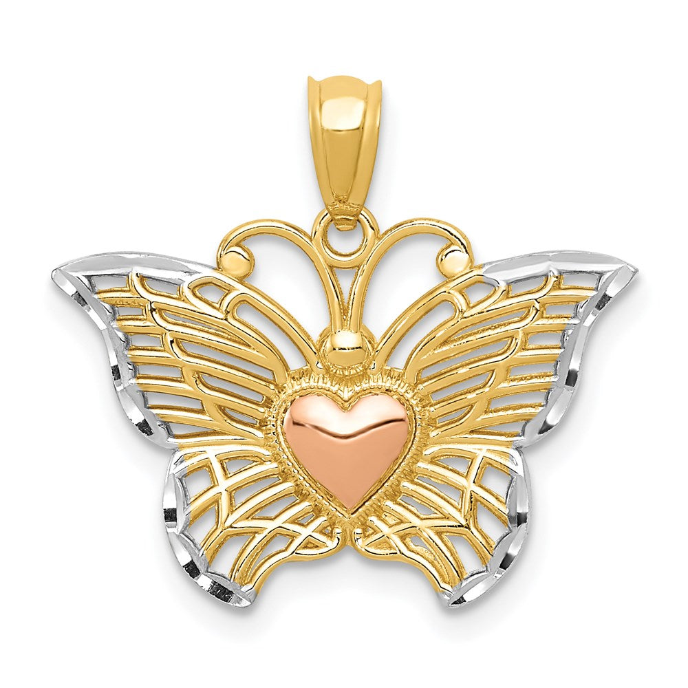 14k Two-tone w/White Rhodium Butterflyw/Heart Pendant