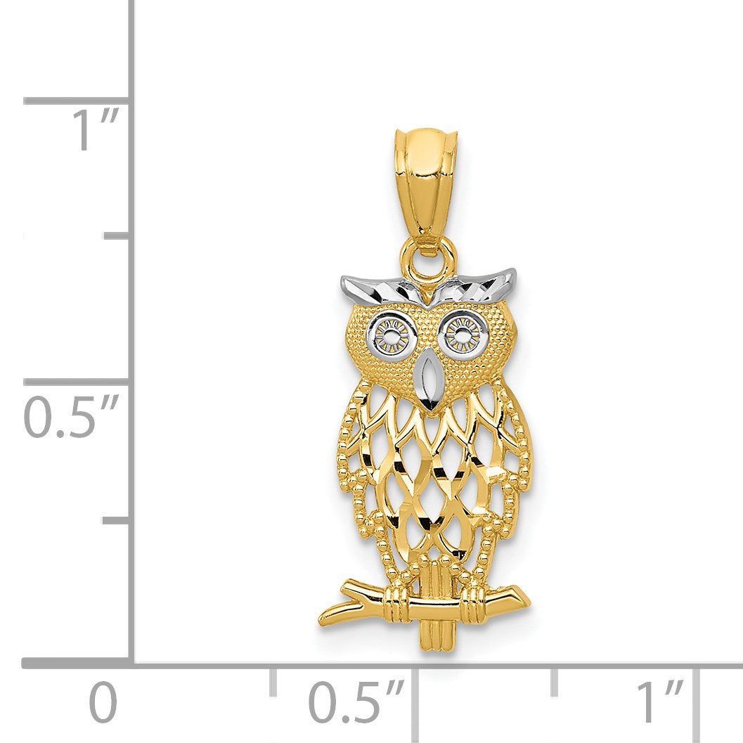 14k and White Rhodium Diamond-cut Owl Pendant