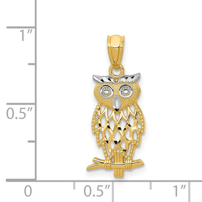 14k and White Rhodium Diamond-cut Owl Pendant