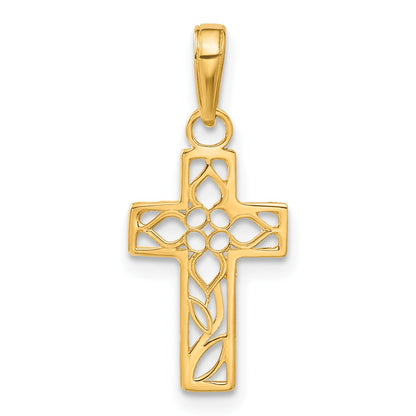 14K Cut-out Flower In Diamond-cut Cross Charm