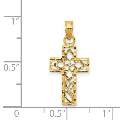 14K Cut-out Flower In Diamond-cut Cross Charm