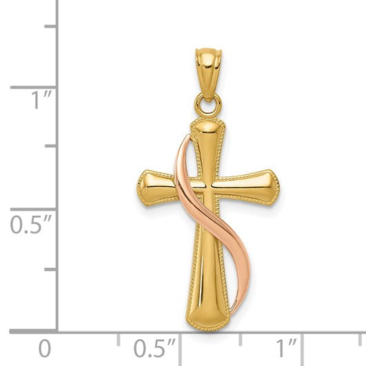 14K Two-Tone Polished Cross with Drape Pendant