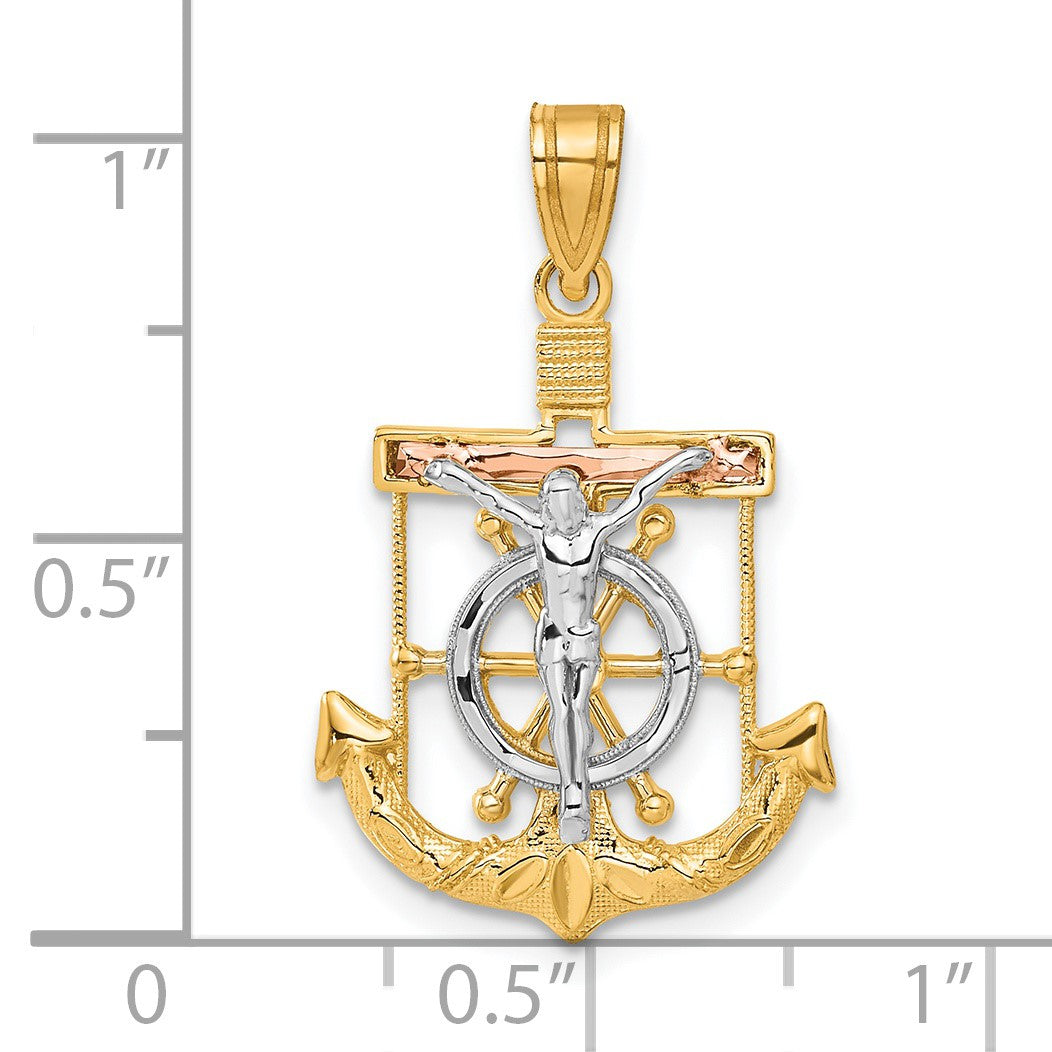 14k Tri-color Diamond-cut and Textured Mariners Crucifix Pendant
