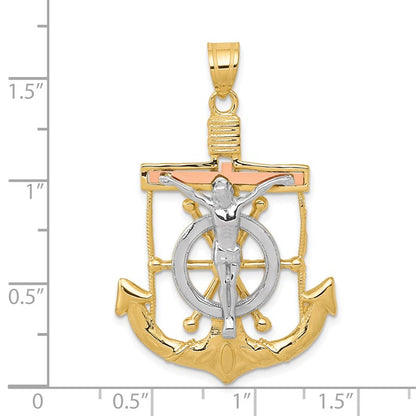 14k Tri-color Diamond-cut and Textured Mariners Crucifix Pendant