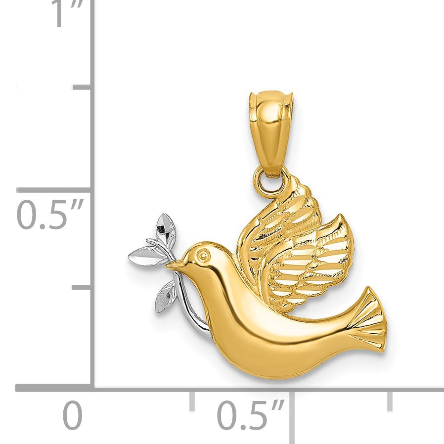 14k and White Rhodium Polished Dove with Olive Branch Pendant