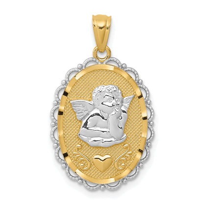 14k and White Rhodium Angel Scalloped Edge Oval Pendant