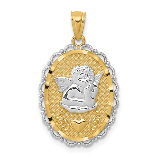 14k and White Rhodium Angel Scalloped Edge Oval Pendant