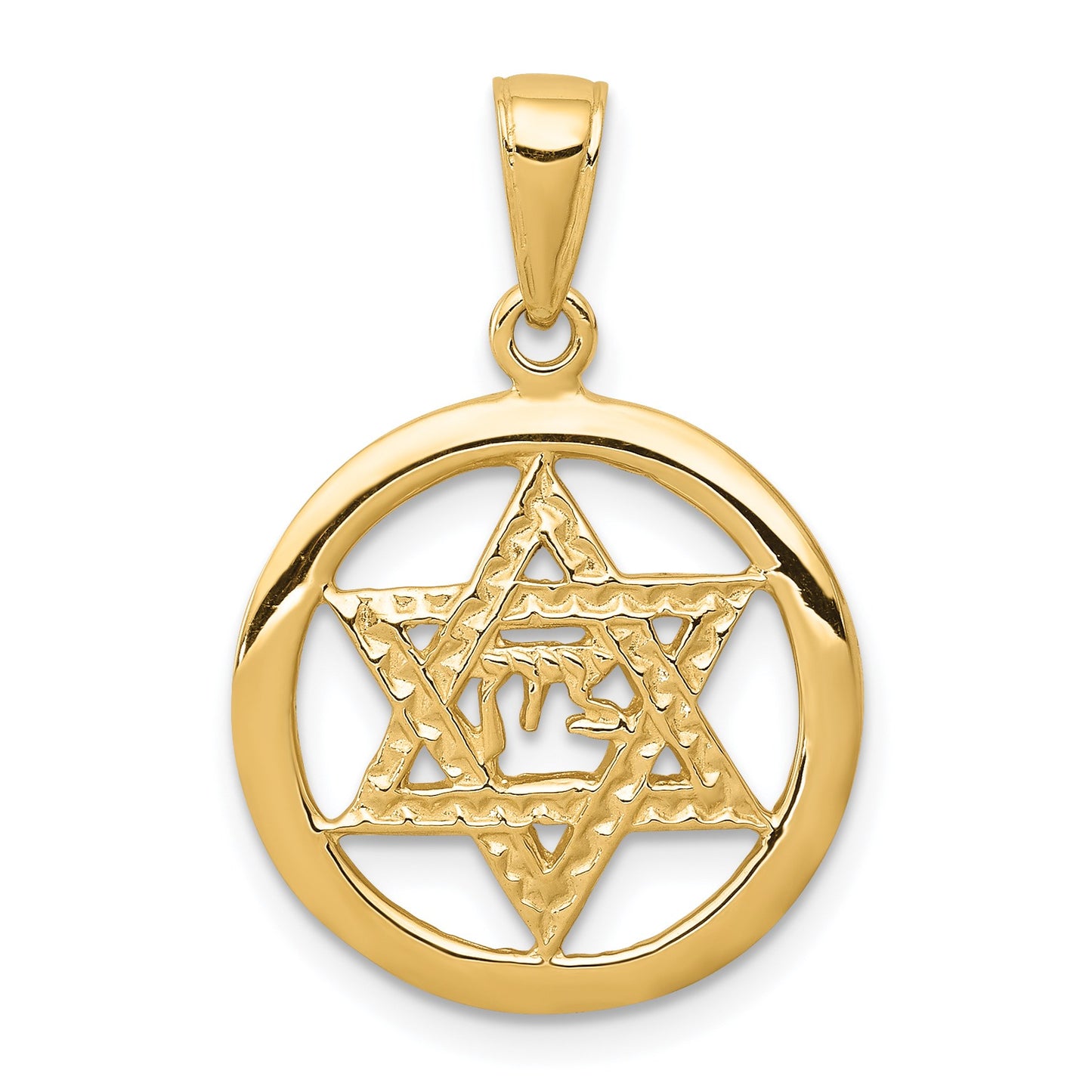 14K Jewish Chai In Star Of David Round Pendant