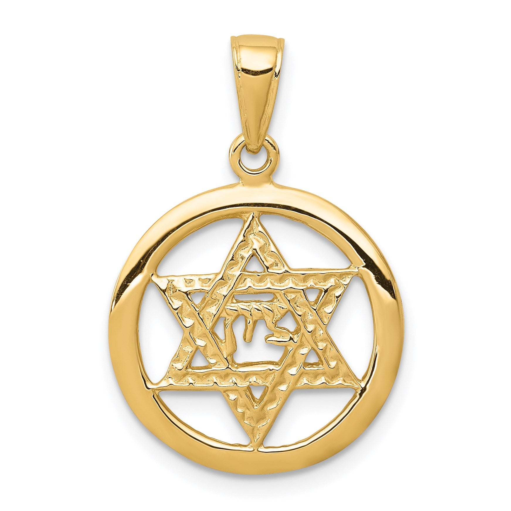 14K Jewish Chai In Star Of David Round Pendant