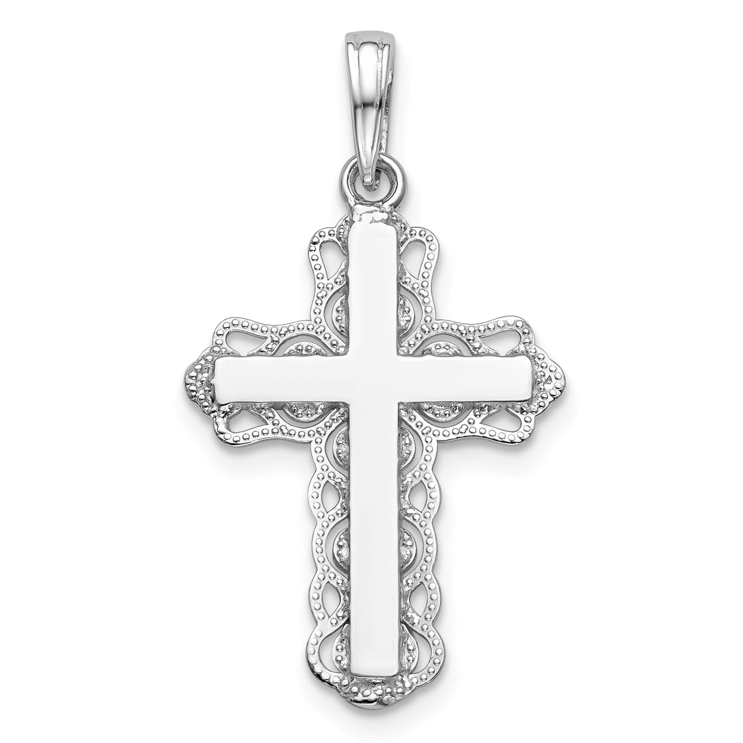 14K White Gold Lacey Trim Cross Pendant