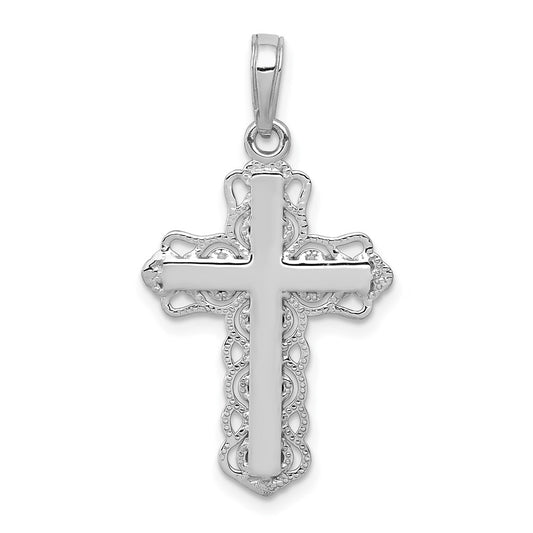 14K White Gold Lace Trim Cross Pendant