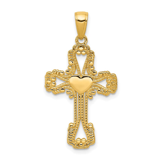 14K Beaded Cross with Heart Pendant