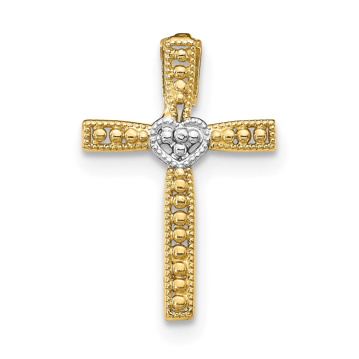 14k and White Rhodium Cross with Heart Center Pendant