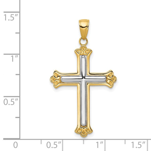 14K and White Rhodium Budded Yellow Cross Frame Pendant