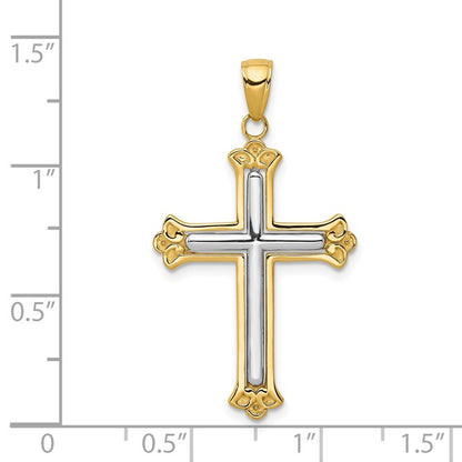14K and White Rhodium Budded Yellow Cross Frame Pendant