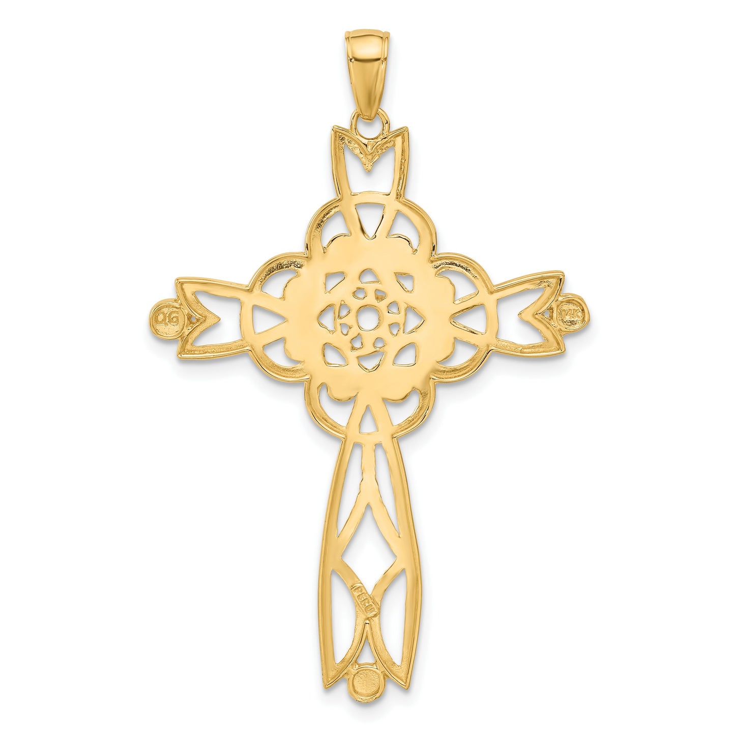 14K and White Rhodium Diamond-cut Beaded Trim Cross Pendant