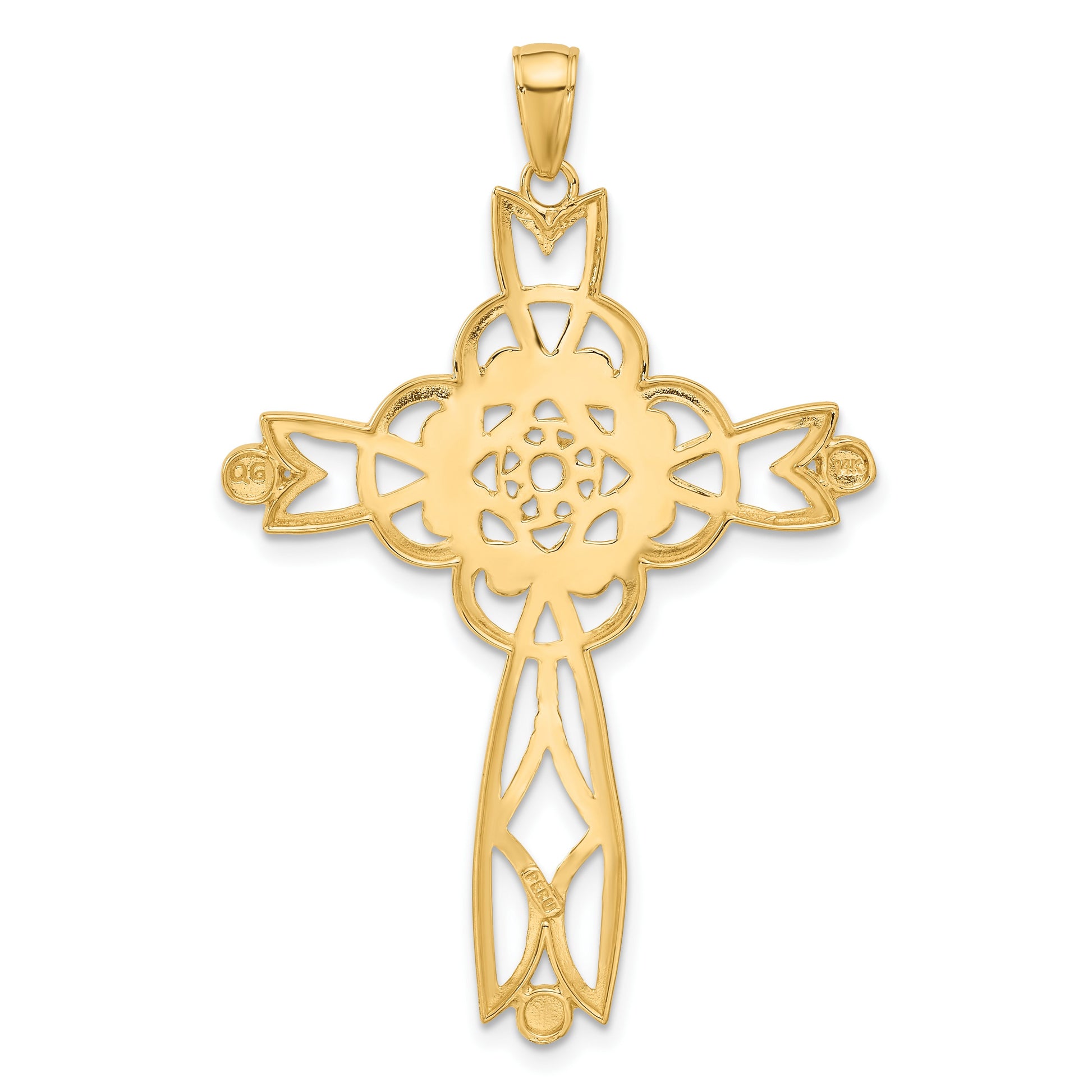 14K and White Rhodium Diamond-cut Beaded Trim Cross Pendant