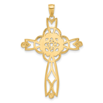 14K and White Rhodium Diamond-cut Beaded Trim Cross Pendant