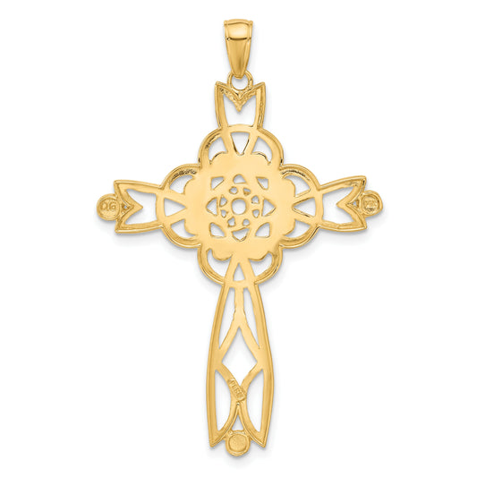 14K and White Rhodium Diamond-cut Beaded Trim Cross Pendant