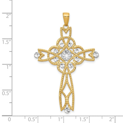 14K and White Rhodium Diamond-cut Beaded Trim Cross Pendant