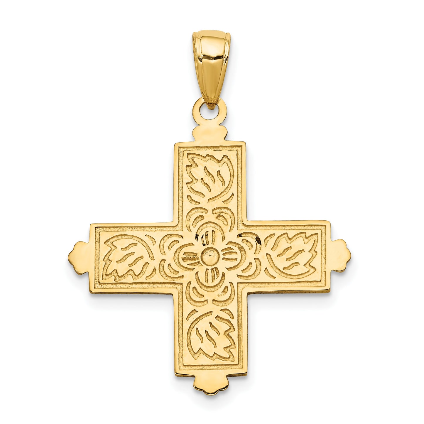 14K Etched Square Cross with Floral Reverse Pendant