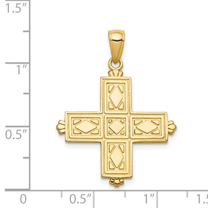 14K Etched Square Cross with Floral Reverse Pendant