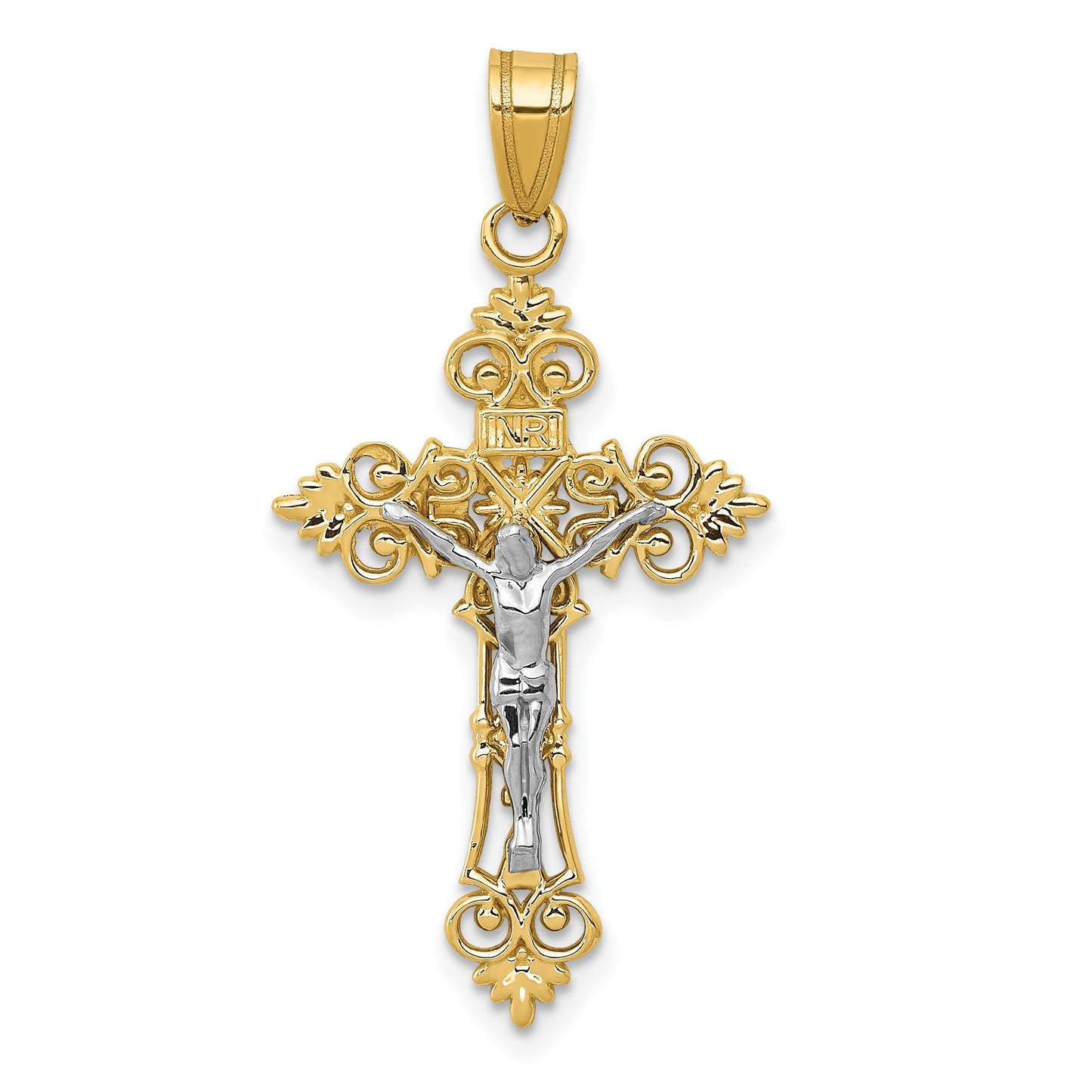 14K Two-Tone Medium Lacy-Edge Inri Crucifix Pendant