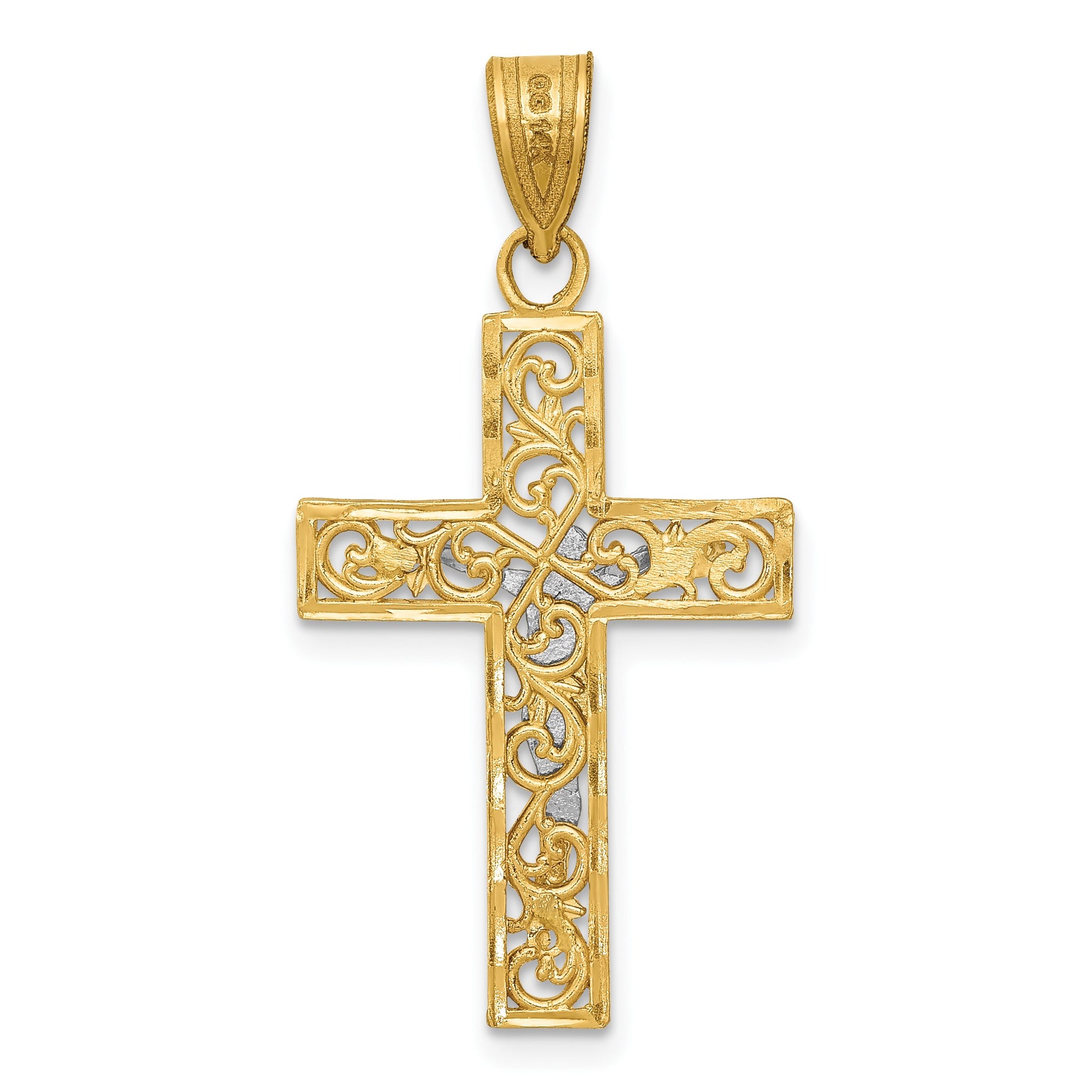 14K Two-Tone Diamond-cut Small Filigree Crucifix Pendant