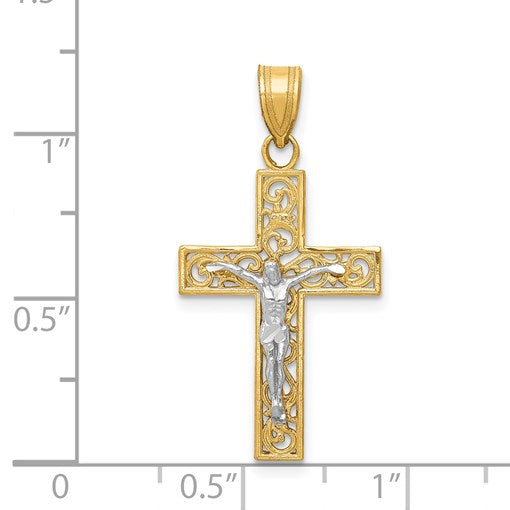 14K Two-Tone Diamond-cut Small Filigree Crucifix Pendant