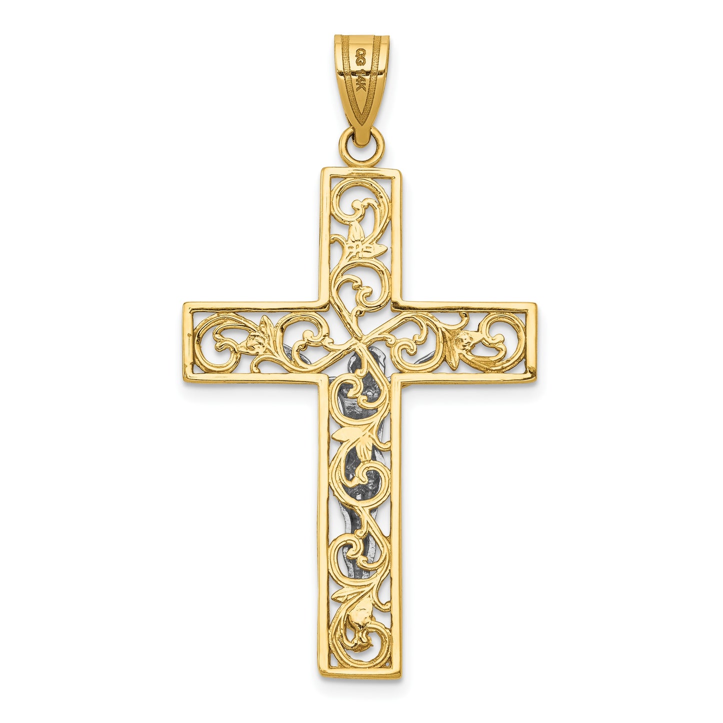 14K Two-Tone Diamond-cut Large Filigree Crucifix Pendant