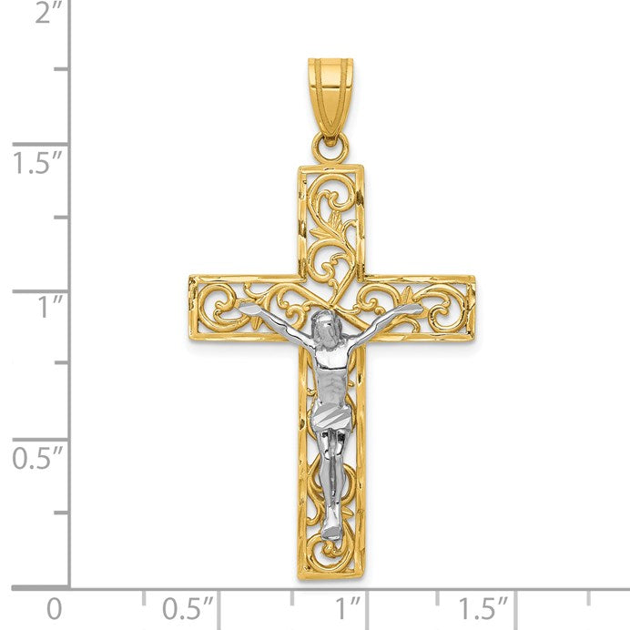 14K Two-Tone Diamond-cut Large Filigree Crucifix Pendant