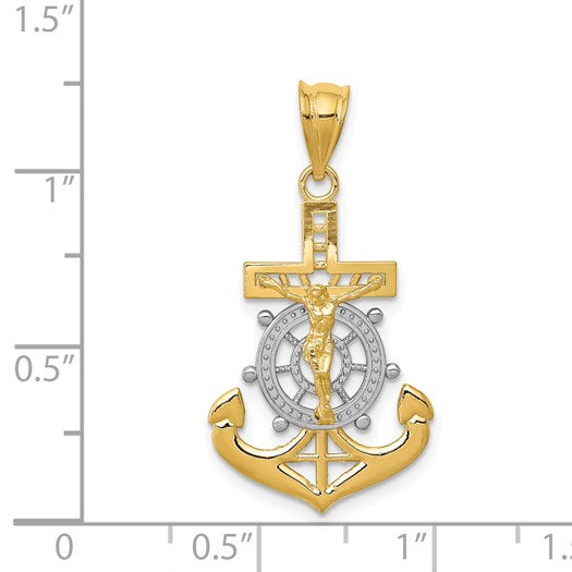 14k and White Rhodium Diamond-cut Mariners Crucifix Pendant