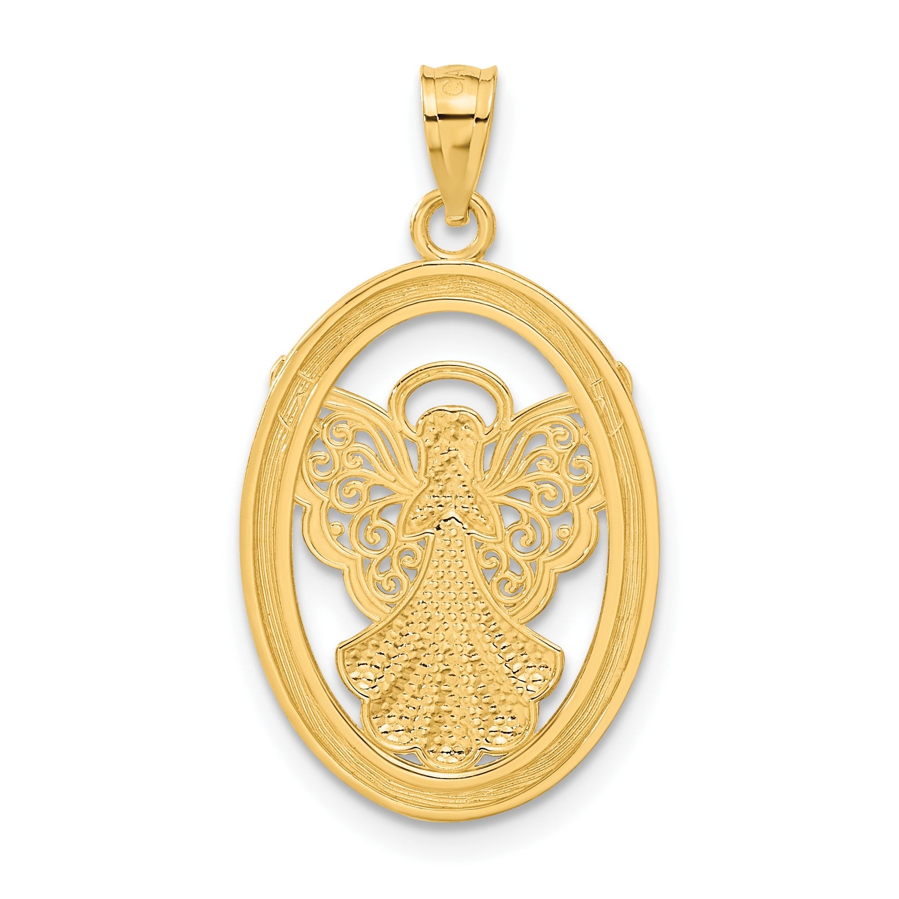 14K and White Rhodium BELIEVE PEACE FAITH HOPE Filigree Angel Pendant