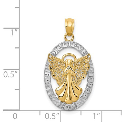 14K and White Rhodium BELIEVE PEACE FAITH HOPE Filigree Angel Pendant