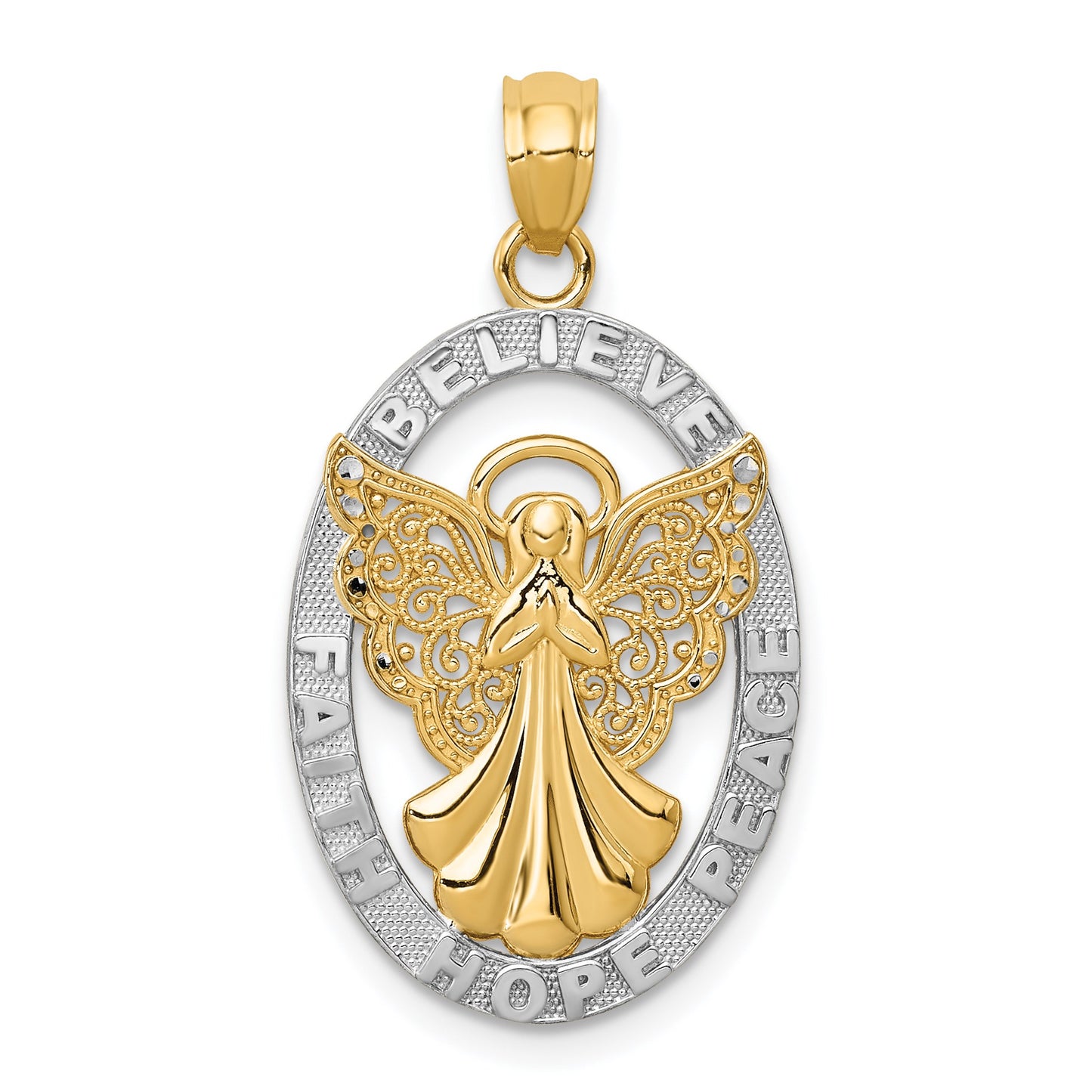 14K and White Rhodium BELIEVE PEACE FAITH HOPE Filigree Angel Pendant