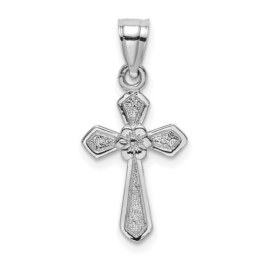 14K White Gold Small Cross w/Flower Pendant