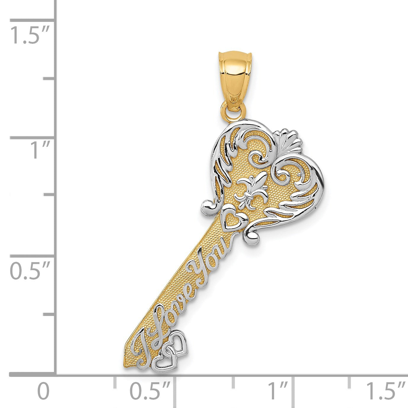 14K and White Rhodium Polished I LOVE YOU Script Fleur de Lis Heart Key Charm