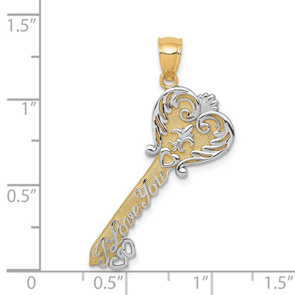 14K and White Rhodium Polished I LOVE YOU Script Fleur de Lis Heart Key Charm