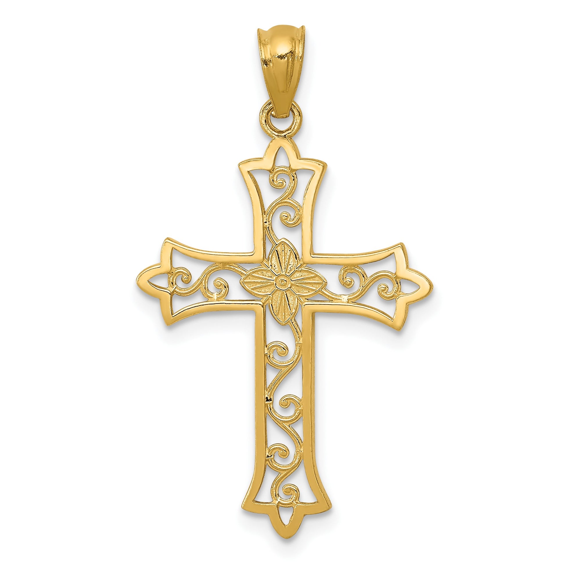 14k Diamond-cut Flower Center Scrolled Cross Pendant