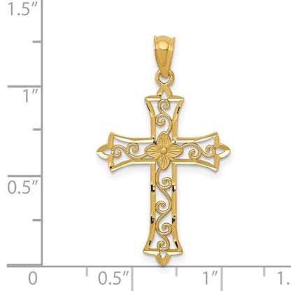 14k Diamond-cut Flower Center Scrolled Cross Pendant