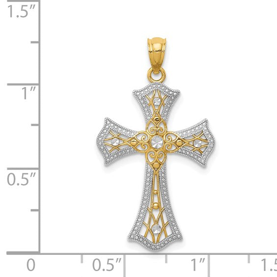 14K with White Rhodium Diamond-Cut Cross Pendant
