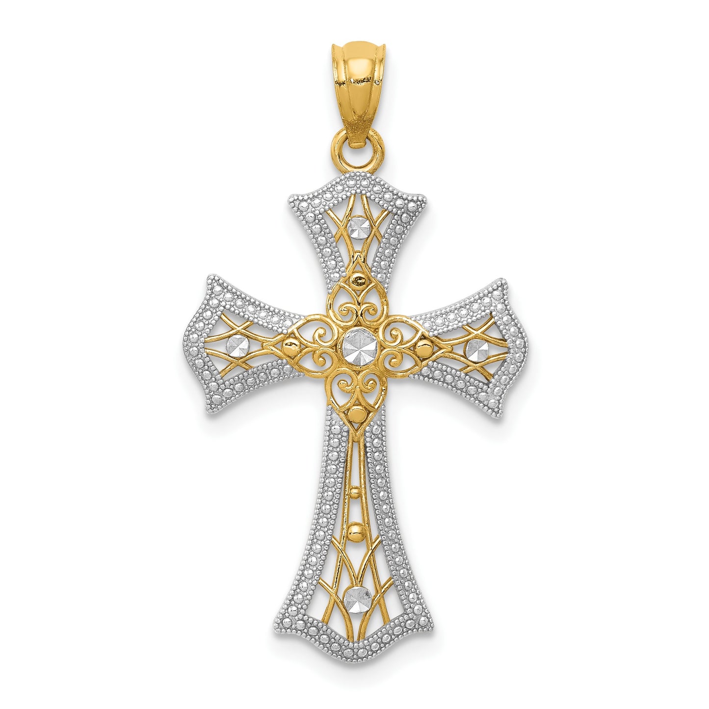 14K with White Rhodium Diamond-Cut Cross Pendant