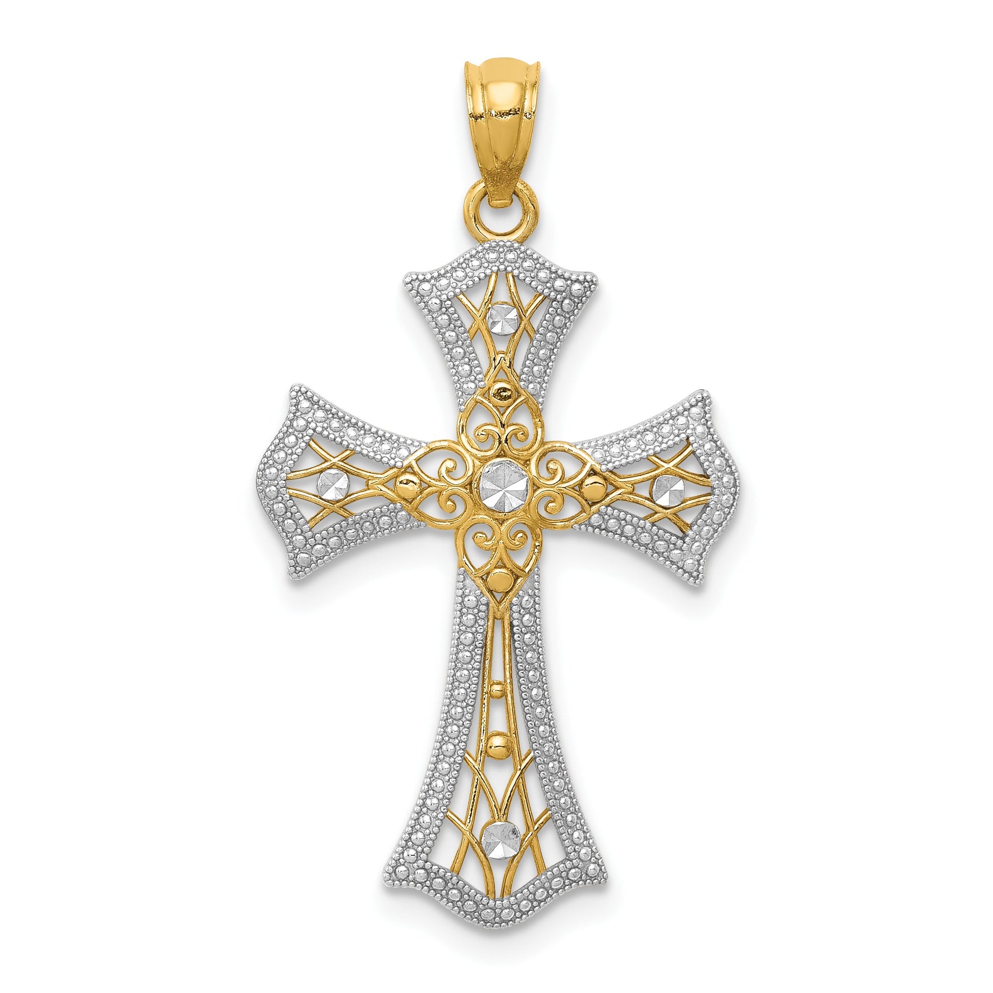 14K with White Rhodium Diamond-Cut Cross Pendant