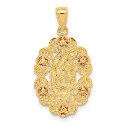 14K Two-Tone with White Rhodium Our Lady of Guadalupe with Flowers Oval Pendant