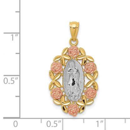 14K Two-Tone with White Rhodium Our Lady of Guadalupe with Flowers Oval Pendant
