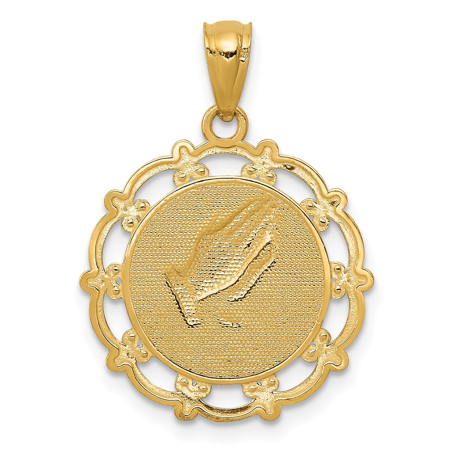 14K and White Rhodium BAPTISM with Praying Hands Scalloped Edge Round Pendant