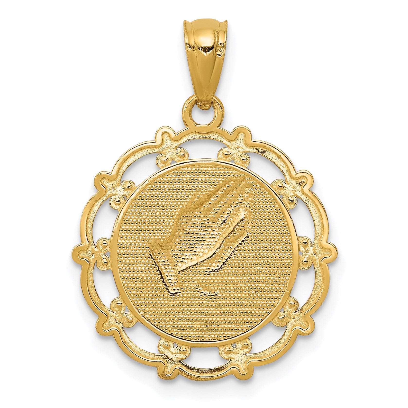 14K and White Rhodium BAPTISM with Praying Hands Scalloped Edge Round Pendant