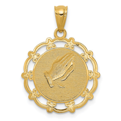 14K and White Rhodium BAPTISM with Praying Hands Scalloped Edge Round Pendant